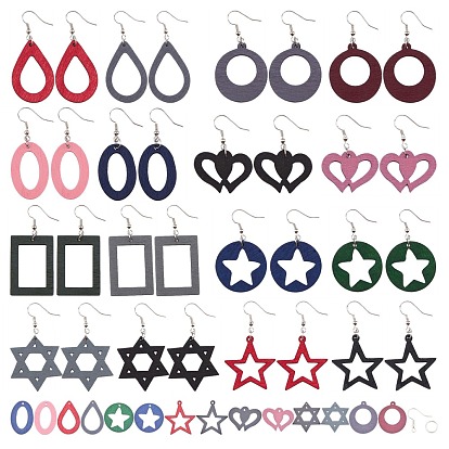 SUNNYCLUE DIY Dangle Earring Making Kits, with Printed Wooden Geometry Pendants and Brass Earring Hooks, Mixed Shape