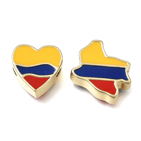 Brass with Enamel Beads, Colombia Flag Heart/Map, Rack Plating, Long-Lasting Plated, Cadmium Free & Lead Free, Colorful