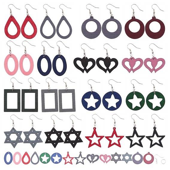 SUNNYCLUE DIY Dangle Earring Making Kits, with Printed Wooden Geometric Pendants and Brass Earring Hooks, Mixed Shape