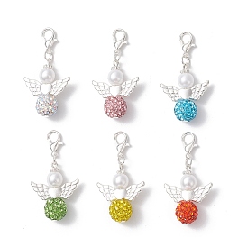 6 шт. подвесные украшения из полимерной глины и хрустальных стразов в виде ангела, с карабинами и круглыми пластиковыми бусинами из жемчуга