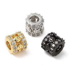 Rack Plating Brass Cubic Zirconia Beads, Long-Lasting Plated, Cadmium Free & Lead Free, Hollow Column with Smiling Face