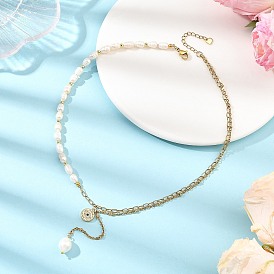 Natural Cultured Freshwater Pearl Tassel Evil Eye Pendant Necklaces, with 304 Stainless Steel Mixed Chains, White