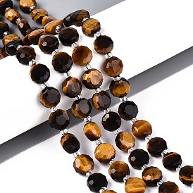 Природных тигровый глаз бисер нитей, плоско-круглые, граненые, с бисером