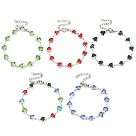 304 Stainless Steel & Glass Heart Link Chain Bracelets for Women, Stainless Steel Color