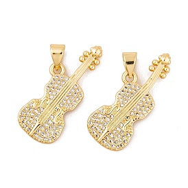 Brass Micro Pave Cubic Zirconia Pendants, Real 18K Gold Plated Violin Charms