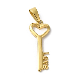 PVD Vacuum Plating 304 Stainless Steel Pendants, Heart Key with Word Love Charm