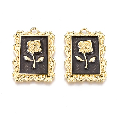 Подвески из сплава , с эмалью, прямоугольник с цветком розы, золотые