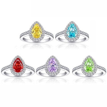 925 Кольца с простой полосой из стерлингового серебра с микропаве и кубическим цирконием, Реальная платина, слеза