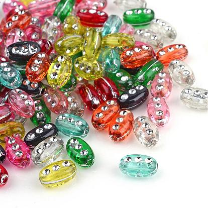 Plating Transparent Acrylic Beads, Silver Metal Enlaced, Oval