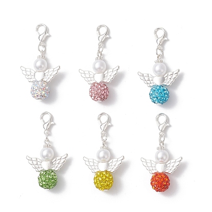 6 шт. подвесные украшения из полимерной глины и хрустальных стразов в виде ангела, с карабинами и круглыми пластиковыми бусинами из жемчуга