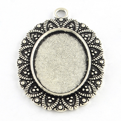 Tibetan Style Oval Alloy Pendant Cabochon Settings, Cadmium Free & Lead Free, Tray: 25x18mm, 41x29x2.5mm, Hole: 3mm, about 169pcs/1000g