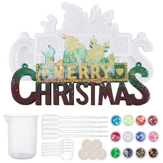 Подвеска для планшета olycraft christmas diy висит комплект силиконовых форм, формы для литья смолы, для уф-смолы, изготовление эпоксидной смолы, санта клаус и слово с рождеством, с пластиковой фурнитурой, блестки искусства ногтя