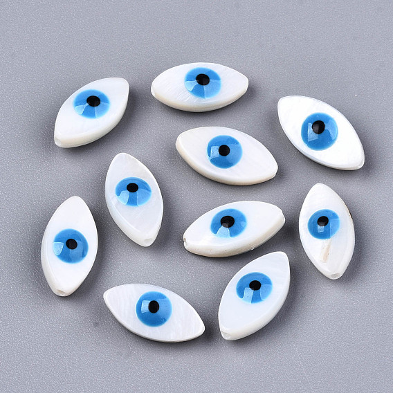 Natural Freshwater Shell Beads, with Enamel, Enamelled Sequins, Horse Eye with Evil Eye