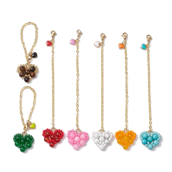 Подвеска ко Дню святого Валентина из стеклянных бусинок, натурального сердолика, желтого нефрита, хаулит, тигрового глаза, малайзийского нефрита и синтетической зеленой бирюзы, с подвесками из сплава сердца с эмалью