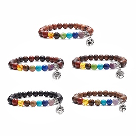 Natural Wood & Gemstone Round Beaded Stretch Bracelet with Alloy Tree Charm, 7 Chakra Jewelry for Women