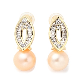 Natural Pearl Ear Studs, with Brass Micro Pave Clear Cubic Zirconia Findings and 925 Sterling Silver Pins, Round