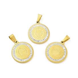Vacuum Plating 304 Stainless Steel Pendants, with Crystal Polymer Clay Rhinestone, Flat Round