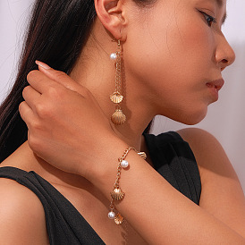 Alloy & Imitation Pearl Jewelry Sets, Shell Shape Charm Bracelets & Dangle Earrings Sets for Women