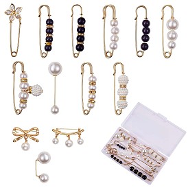 13Pcs 13 Style Acrylic Pearl Beaded Safety Pin Brooch, Crystal Rhinestone Flower Lapel Pins Badges, Golden Alloy Sweater Shawl Clips for Women