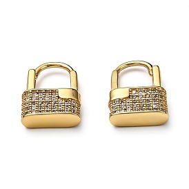 Brass Micro Pave Clear Cubic Zirconia Huggie Hoop Earrings, Padlock