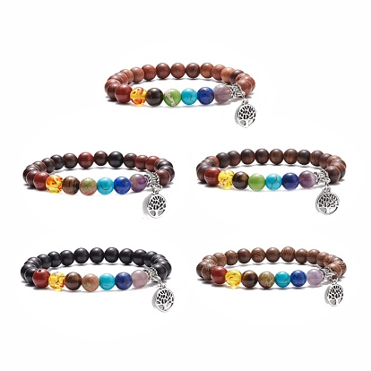 Natural Wood & Gemstone Round Beaded Stretch Bracelet with Alloy Tree Charm, 7 Chakra Jewelry for Women