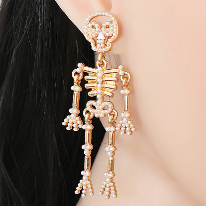 Punk Skull Earrings with Movable Limbs and Pearl Detail for Halloween