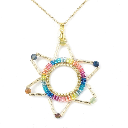 Cylinder Seed Beads Pendant Necklaces, Natural Agate Beads and 304 Stainless Steel Cable Chain Necklaces, Hexagram