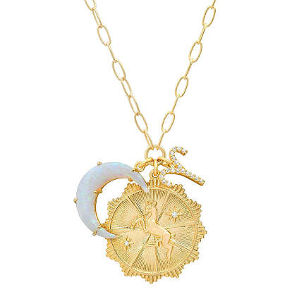 Cubic Zirconia Constellation & Opalite Moon Pendant Necklace, with Golden Brass Paperclip Chains