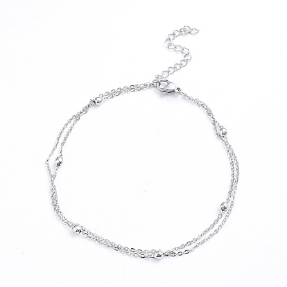 304 Stainless Steel 2-strand Cable Chain Bracelets, with Round Beads and Lobster Claw Clasps