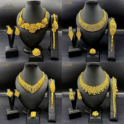 Ожерелья из сплава со стразами, серьги-гвоздики, кольца и браслеты-звенья, золотые