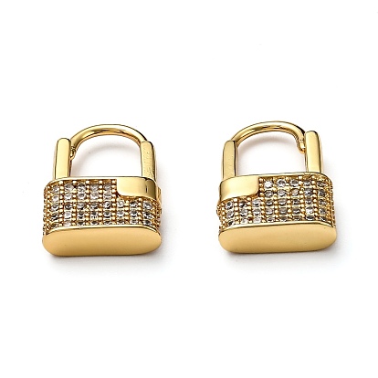 Brass Micro Pave Clear Cubic Zirconia Huggie Hoop Earrings, Padlock