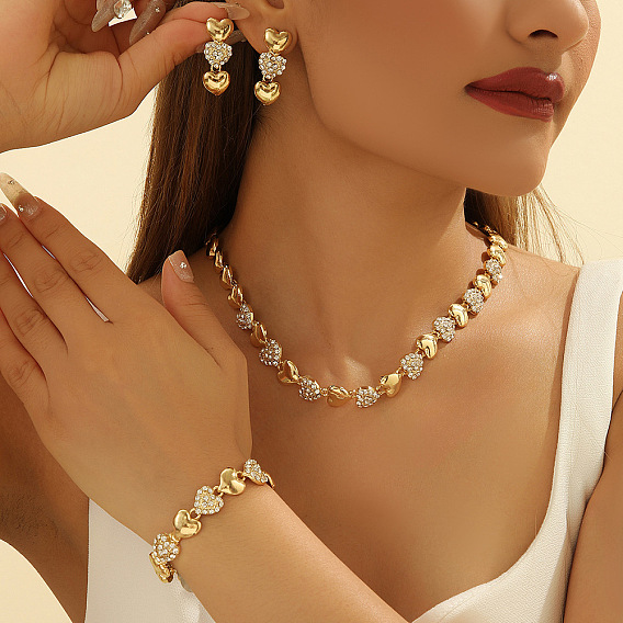 Комплекты из ожерелий и браслетов в форме сердца из цинкового сплава со стразами