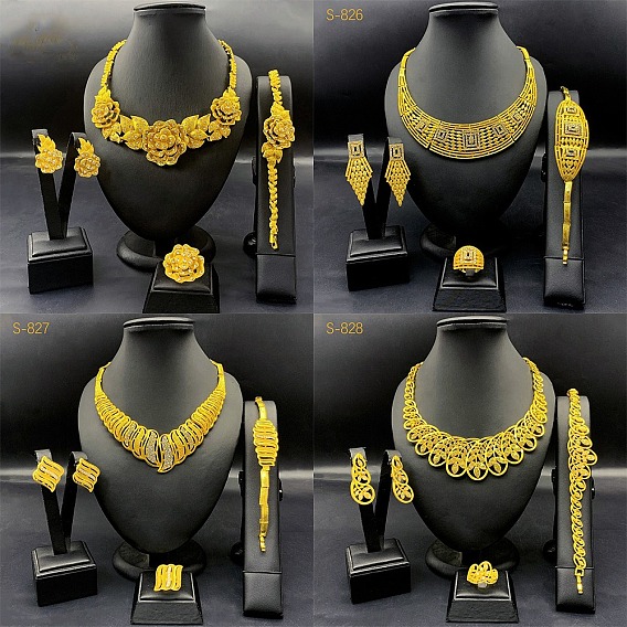 Ожерелья из сплава со стразами, серьги-гвоздики, кольца и браслеты-звенья, золотые