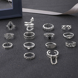 14Pcs 14 Style Rhombus & Eye & Snake & Elephant & Feather & Yoga Theme Rhinestone Finger Rings Set, Alloy Jewelry for Women