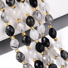 Натуральные турмализированные кварцевые бусинки, граненые, овальные, с бисером