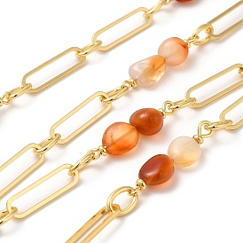 Natural Carnelian Nugget Beaded Chains, with Rack Plating Brass Oval Link Chains, Unwelded, Long-Lasting Plated, Lead Free & Cadmium Free