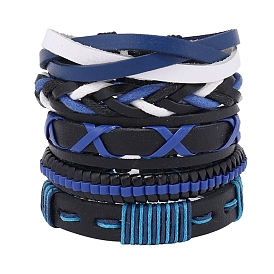 5Pcs 5 Style Adjustable Braided Imitation Leather Cord Bracelet Sets with Waxed Cord for Men
