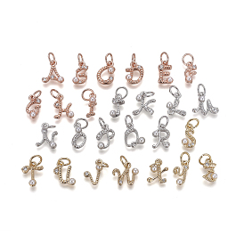 Brass Charms, with Cubic Zirconia and Shell Pearl Bead, Mixed Letters, Mixed Color, Clear