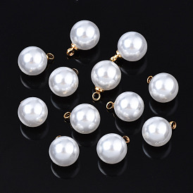 ABS Plastic Imitation Pearl Charms, with Brass Findings, Golden, Round