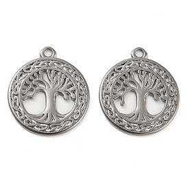 316 Stainless Steel Pendants,  Flat Round with Tree of Life Charm