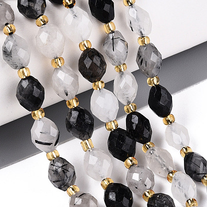 Натуральные турмализированные кварцевые бусинки, граненые, овальные, с бисером