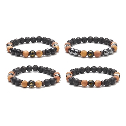 4 Stück 4 Stil aus natürlichen und synthetischen gemischten Edelsteinen und Kokosnuss-Stretch-Armbändern mit runden Perlen, Om Mani Padme Hum Yoga-Armbänder für Frauen