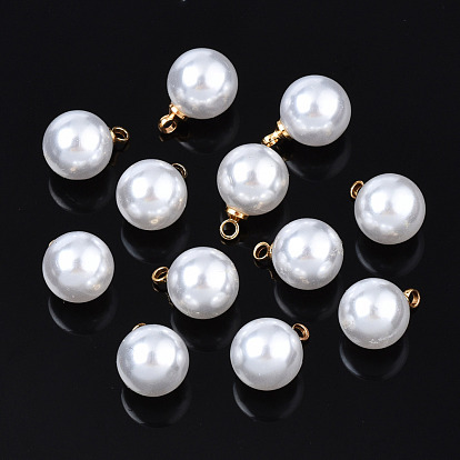 ABS Plastic Imitation Pearl Charms, with Brass Findings, Golden, Round