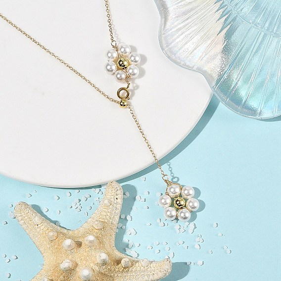 Adjustable Brass Shell Pearl Beaded Flower Pendant Lariat Necklaces, White
