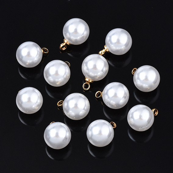 ABS Plastic Imitation Pearl Charms, with Brass Findings, Golden, Round