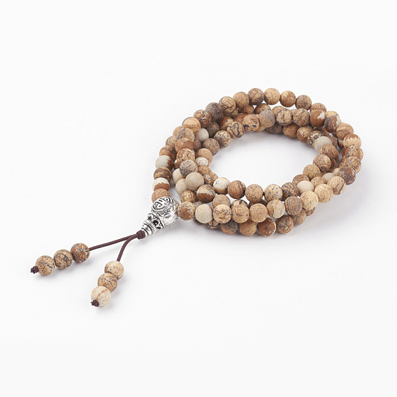 Dual-use Items, Four Loops Natural Picture Jasper Wrap Buddhist Bracelets or Beaded Necklaces, with Burlap Bags, Antique Silver