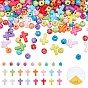 600Pcs 3 Styles Opaque Acrylic Beads, Cross & Round, with 1Roll Elastic Stretch Thread