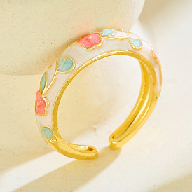 Brass Enamel Cuff Open Rings, Flower, Golden