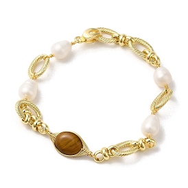 Oval Natural Tiger Eye & Pearl Link Bracelets, with Brass Oval Link Chains