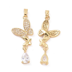 Brass Micro Pave Clear Cubic Zirconia Pendants, Butterfly with Teardrop Charm